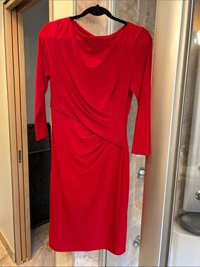 Lauren Ralph Lauren Red Draped Long-Sleeve Midi Dress
